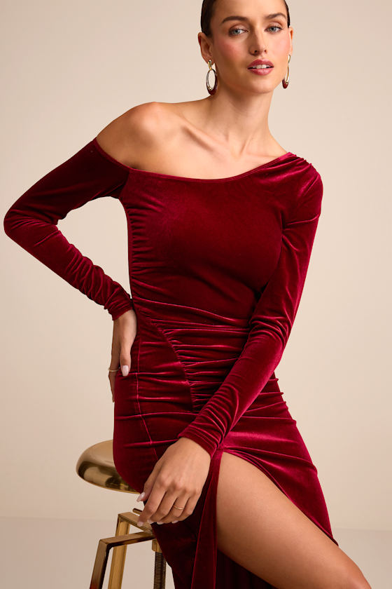 Notorious Icon Wine Red Velvet Asymmetrical Maxi Dress 1