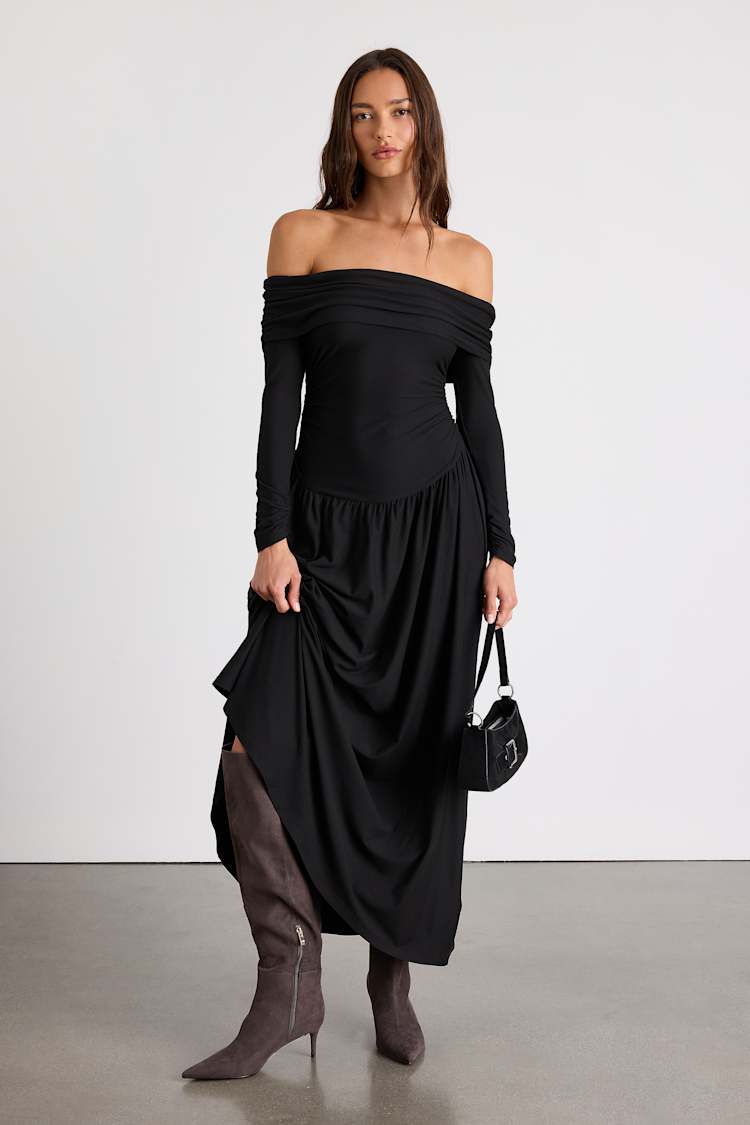 Sescca Black Off-the-Shoulder Jersey Knit Maxi Dress