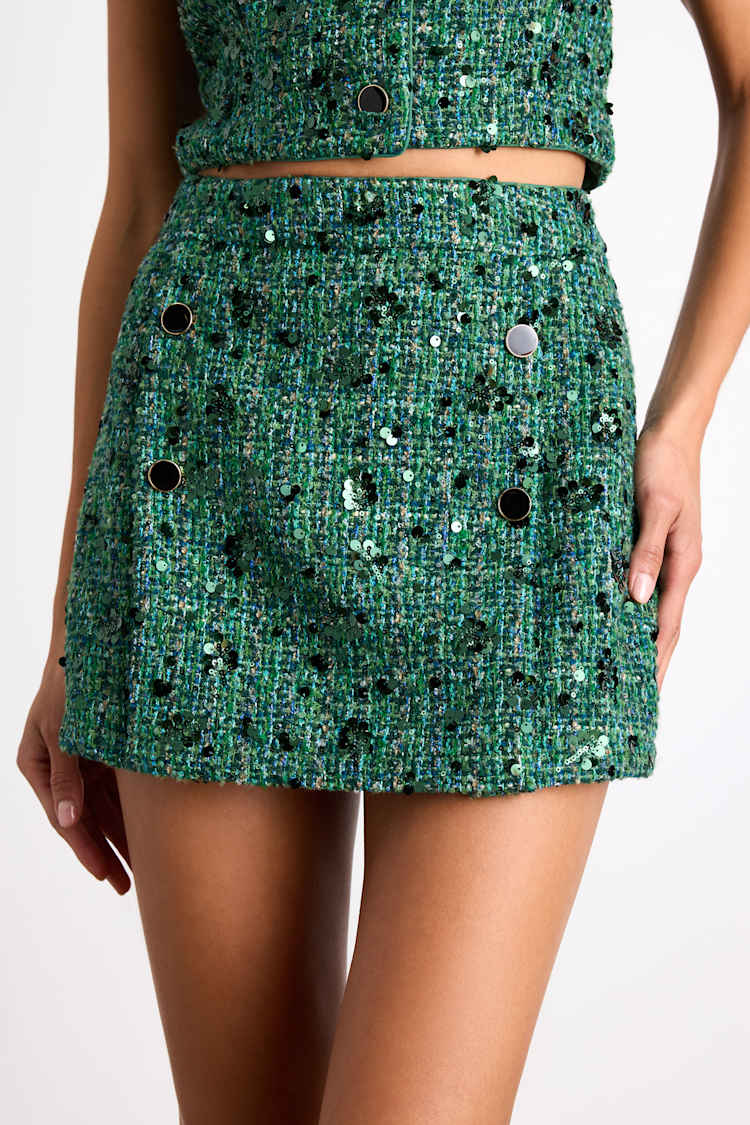 Namari Emerald Tweed Sequin Double-Breasted Mini Skirt