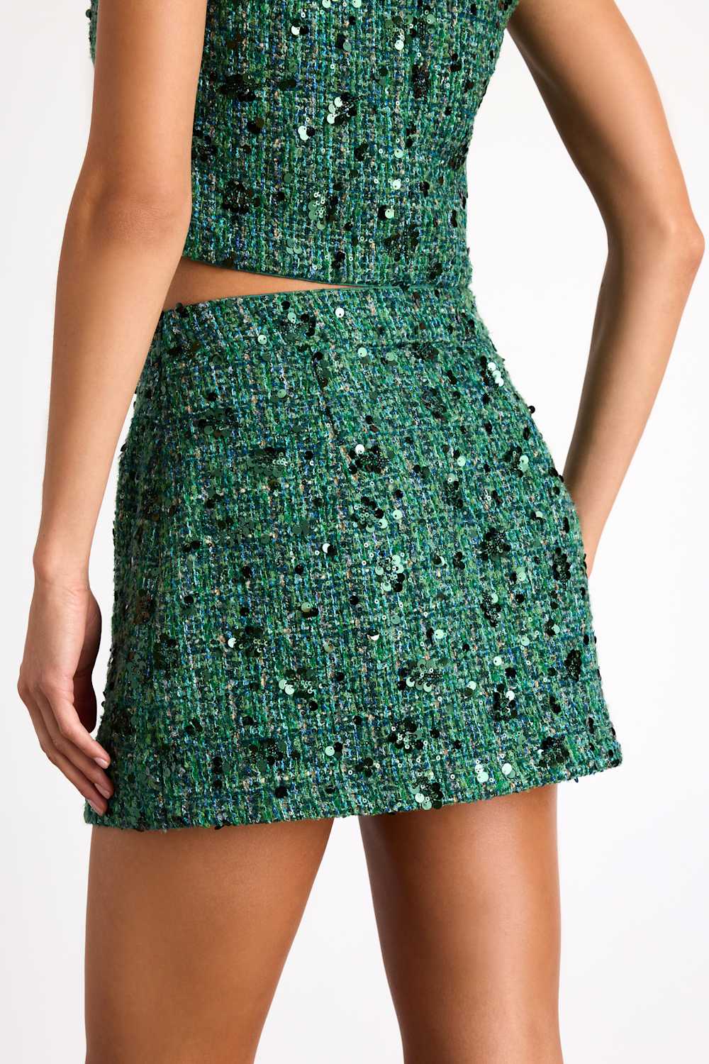 Namari Emerald Tweed Sequin Double-Breasted Mini Skirt