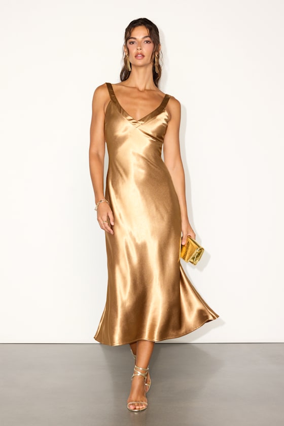 Perfectly Classy Gold Satin Strappy Midi Dress 1
