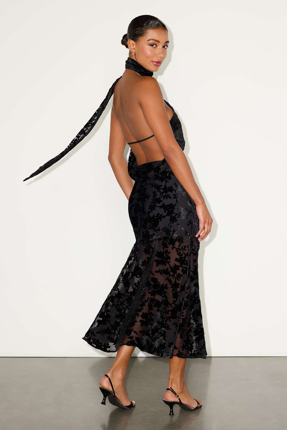 Alis Black Velvet Burnout One-Shoulder Sash Midi Dress