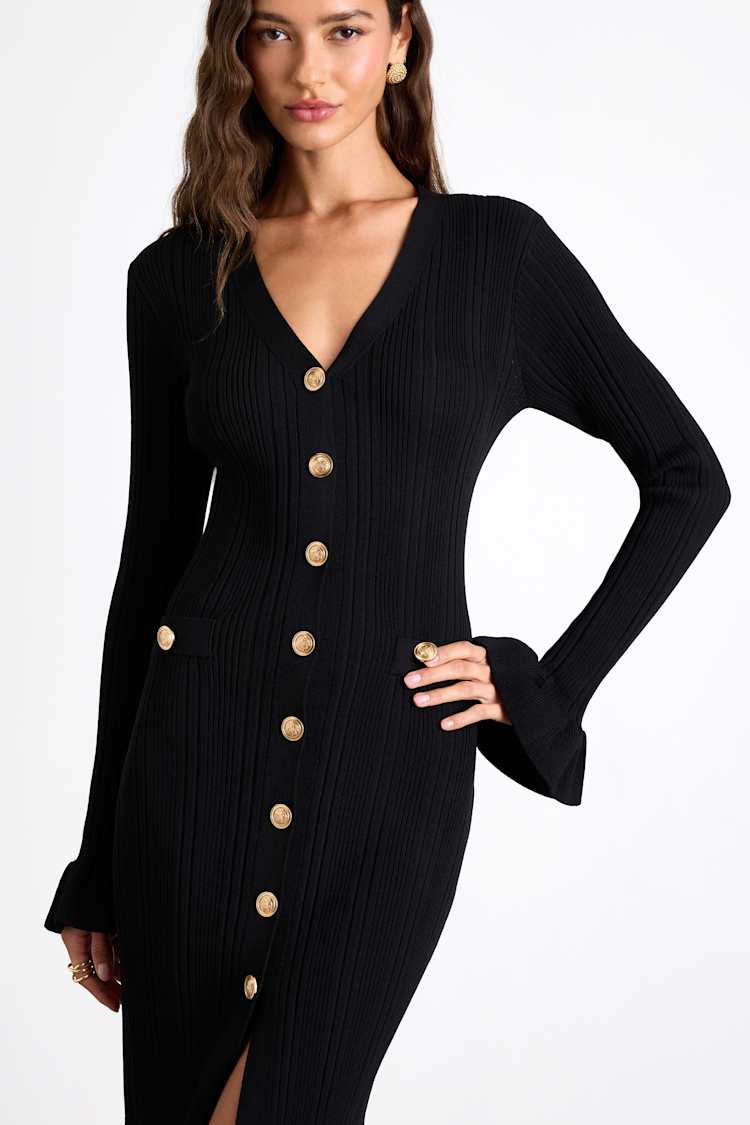 Dayena Black Ribbed Button-Front Sweater Midi Dress