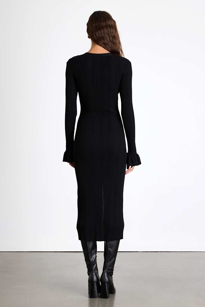 Dayena Black Ribbed Button-Front Sweater Midi Dress