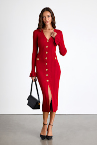 Dayena Red Ribbed Button-Front Sweater Midi Dress 1