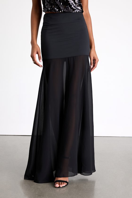 Laikyn Black Slinky Knit Sheer Hem Maxi Skirt 3