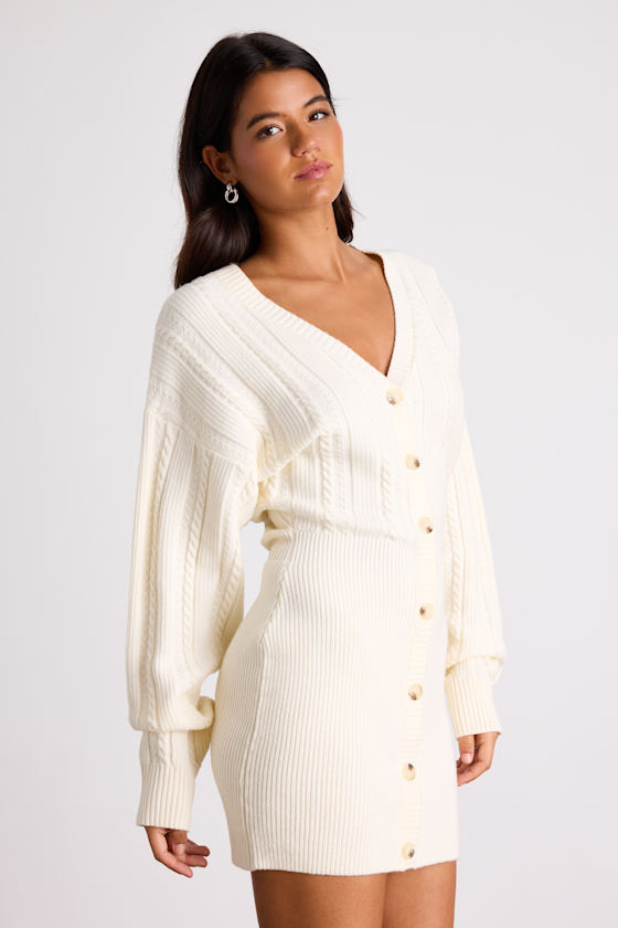 Ivory Cable Knit Button-Front Sweater Mini Dress | Womens | Large (Available in XL) | Polyester/Viscose/Polyamide | Lulus