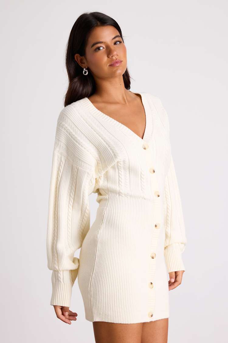 womens ivory sweater dress Cozy Captivation Ivory Ribbed Dolman Sleeve Midi Sweater Dress