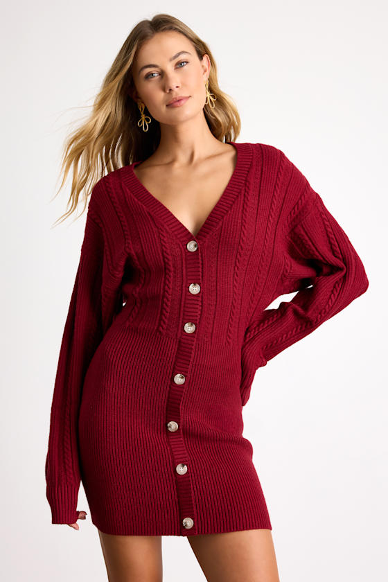 Bowyn Dark Red Cable Knit Button-Front Sweater Mini Dress 1