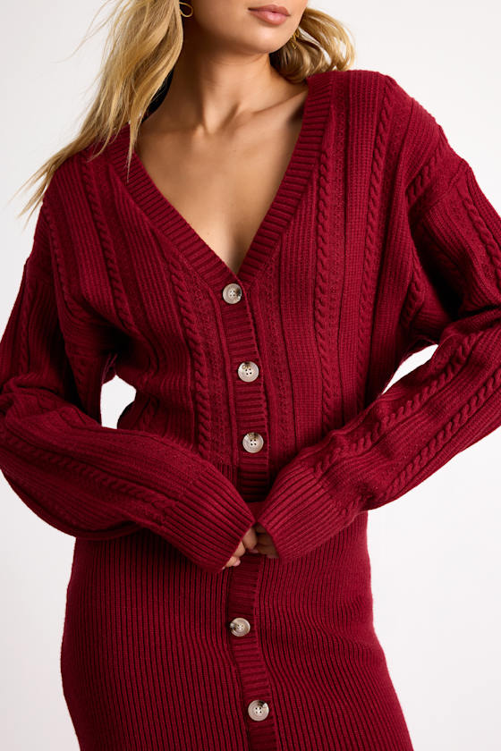 Bowyn Dark Red Cable Knit Button-Front Sweater Mini Dress 2