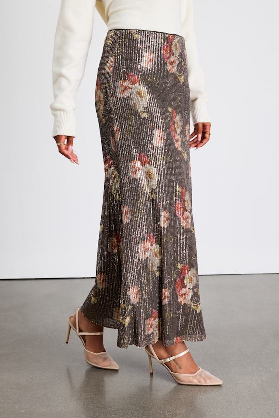 Shelisa Grey Floral Sequin High-Rise Maxi Skirt 3