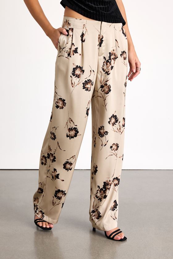 Marela Beige Floral Satin Low-Rise Straight Leg Trousers 2