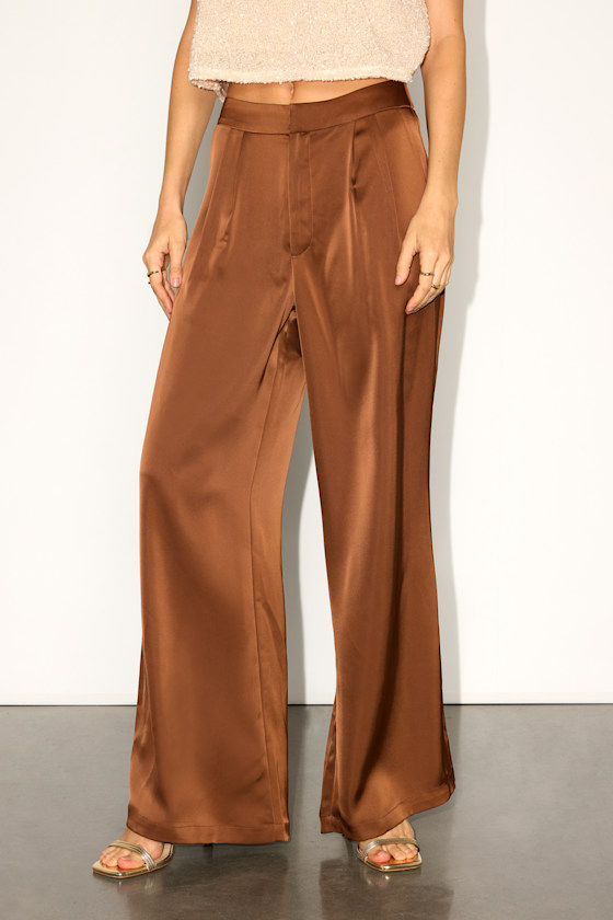 Bessah Light Brown Satin Wide Leg Mid-Rise Trouser Pants 2