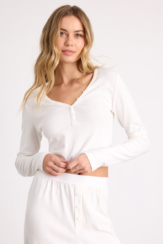 Missy Ivory Ribbed Knit Long Sleeve Two-Piece Pajama Set 1