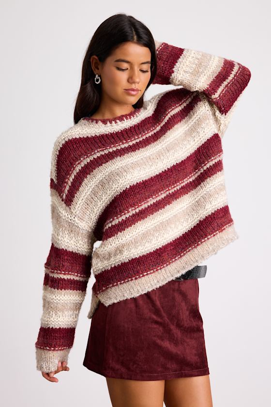 Lulus Brea Red and Beige Striped Oversized Sweater