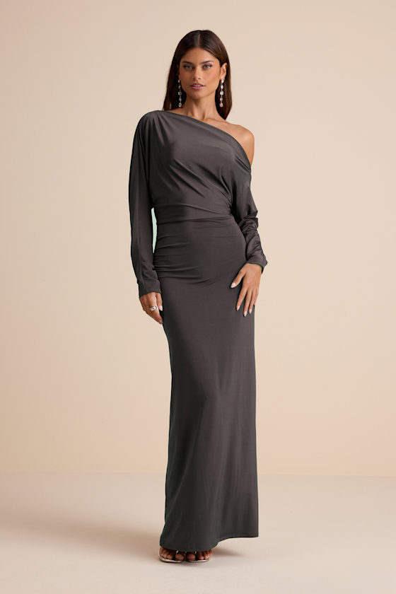 Charcoal Jersey Knit Dress - Asymmetrical Maxi Dress - Maxi Dress