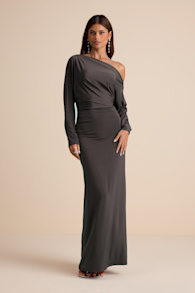 Valani Charcoal Jersey Knit Asymmetrical Long Sleeve Maxi Dress 2