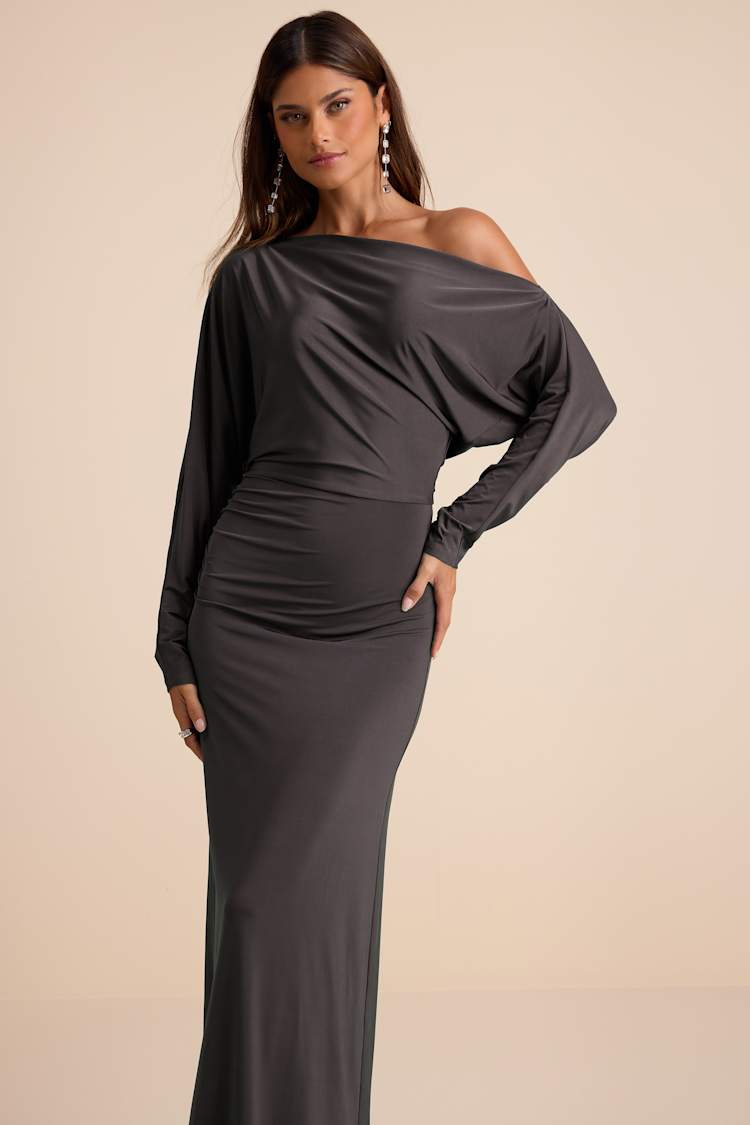 Valani Charcoal Jersey Knit Asymmetrical Long Sleeve Maxi Dress