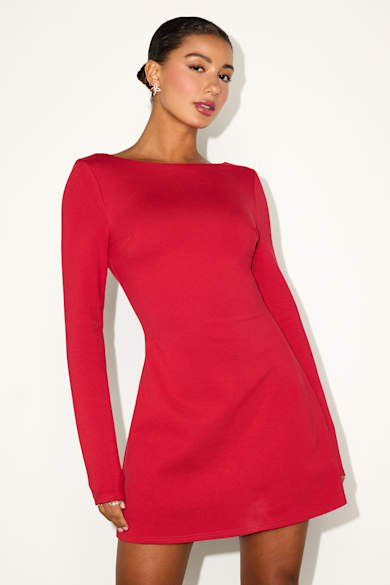white christmas dresses Modest Long Sleeve Red Lace Cute Homecoming Prom Dresses, Affordable S –  SposaDresses main image 0