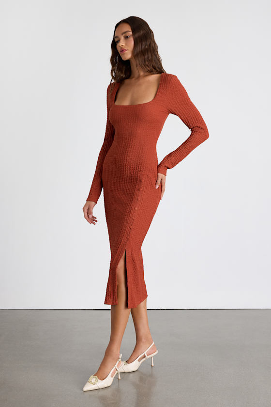 Austine Rust Textured Knit Long Sleeve Midi Dress 4