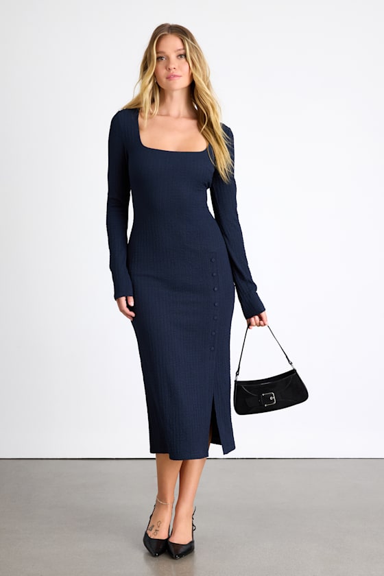 Navy Knit Dress Textured Knit Midi Dress Square Neck Dress Lulus — free download