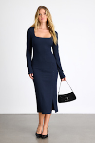 Austine Navy Textured Knit Long Sleeve Midi Dress 1