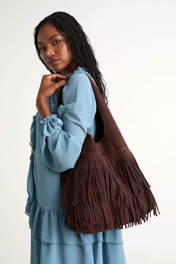 Noelene Dark Brown Vegan Suede Fringe Tote Bag 1