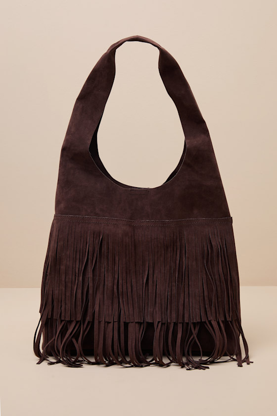 Noelene Dark Brown Vegan Suede Fringe Tote Bag 1