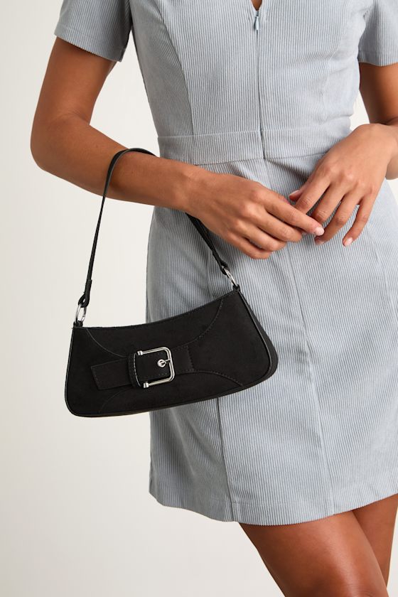 Basira Black Vegan Suede Buckle Shoulder Bag 1
