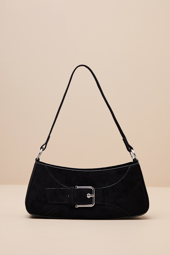 Basira Black Vegan Suede Buckle Shoulder Bag 2