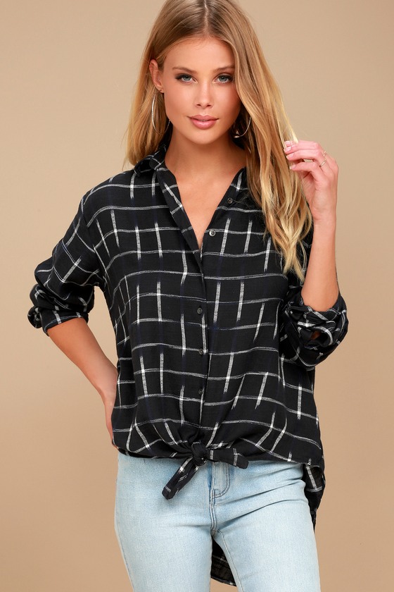 Billabong Cozy Nights - Black Plaid Top - Knotted Top - Lulus