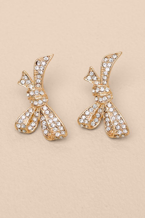 Mavienne Gold Rhinestone Bow Earrings