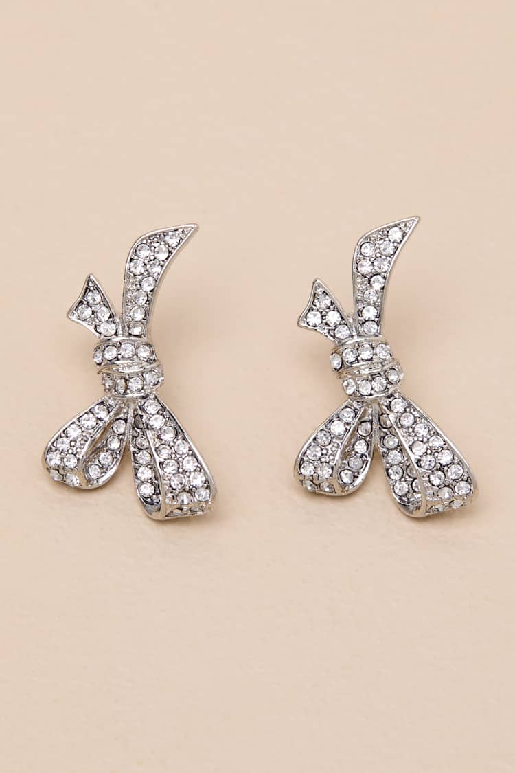 Mavienne Silver Rhinestone Bow Earrings