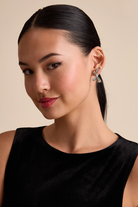 Mavienne Silver Rhinestone Bow Earrings