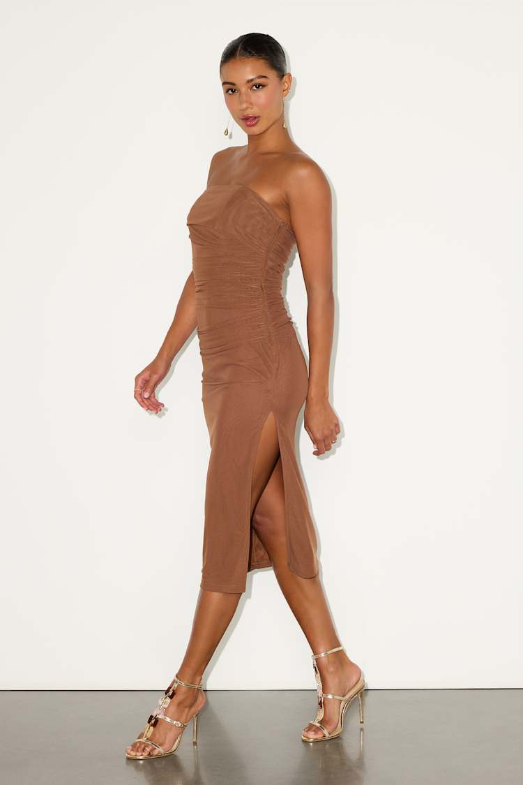 Brown Mesh One-Shoulder Midi Dress | Womens | Large (Available in XXS, XS, S, M, XL) | 100% Polyester | Lulus