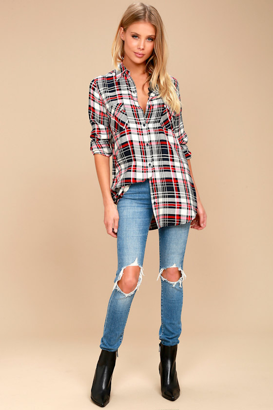 BB Dakota Sylvia Navy Blue and Red Plaid Top 2