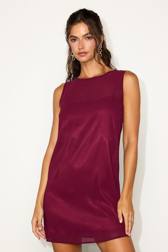 Kataleya Wine Red Chiffon Sleeveless Mini Shift Dress 1