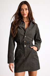 Divina Dark Olive Pinstriped Twill Collared Mini Dress 1