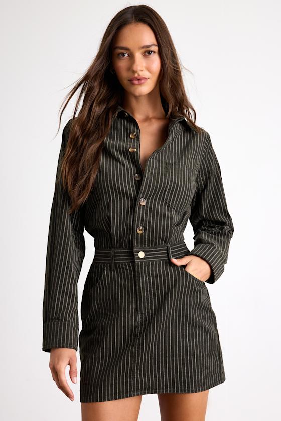Divina Dark Olive Pinstriped Twill Collared Mini Dress 1