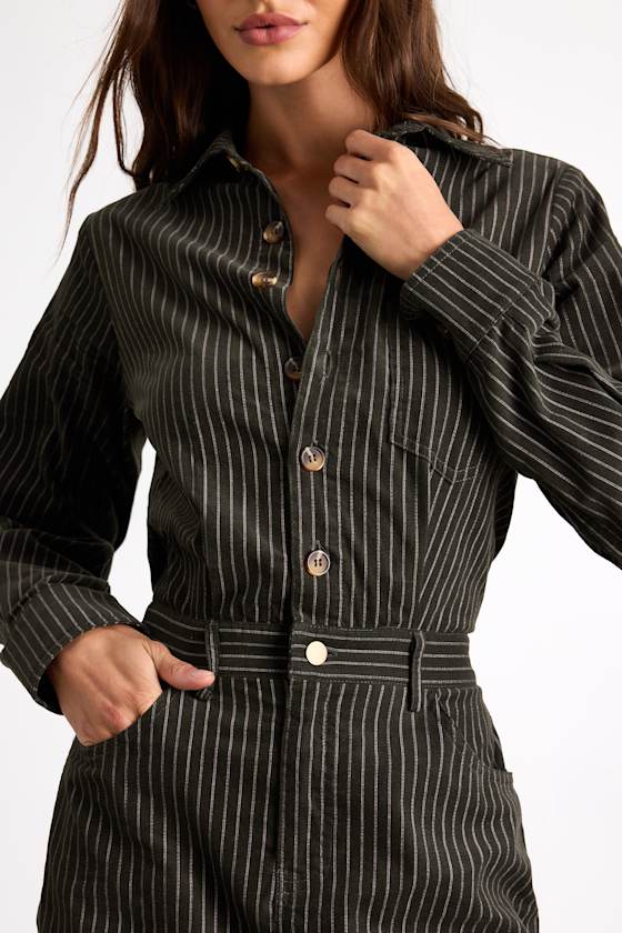 Divina Dark Olive Pinstriped Twill Collared Mini Dress 2