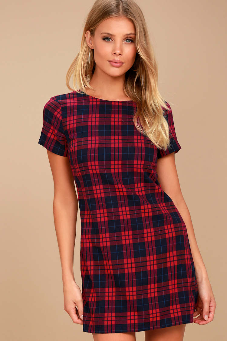 Cute Navy Blue and Red Dress - Plaid Dress - Sheath Dress - Lulus