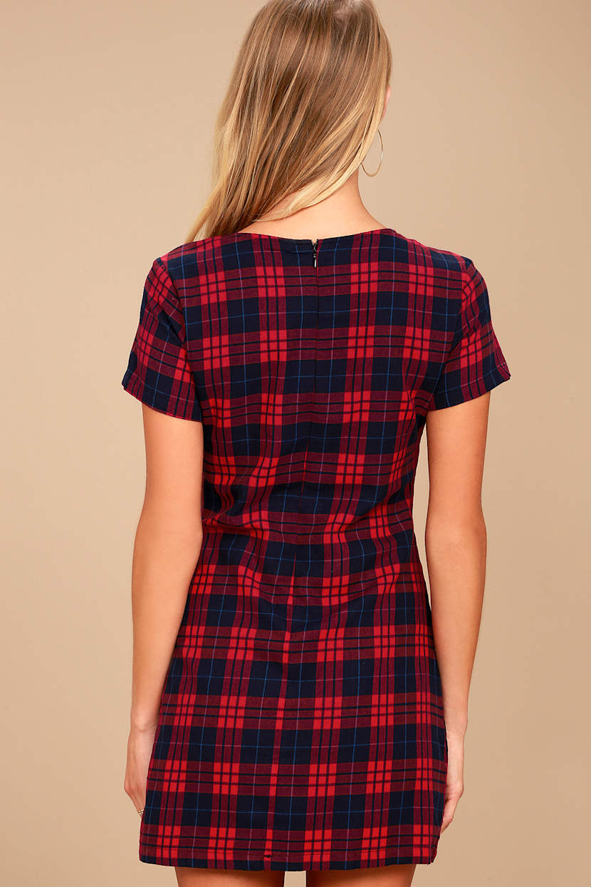 Cute Navy Blue and Red Dress - Plaid Dress - Sheath Dress - Lulus Cute Navy Blue and Red Dress - Plaid Dress - Sheath Dress - Lulus
