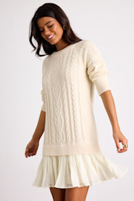 Alvie Cream Cable Knit Drop Waist Sweater Dress 1