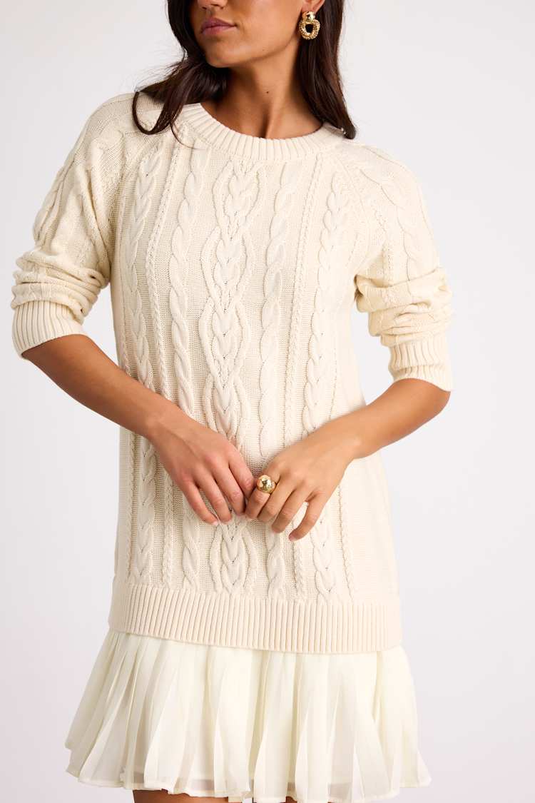 Alvie Cream Cable Knit Drop Waist Sweater Dress