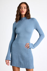 Adiva Slate Blue Ribbed Mock Neck Sweater Mini Dress 1