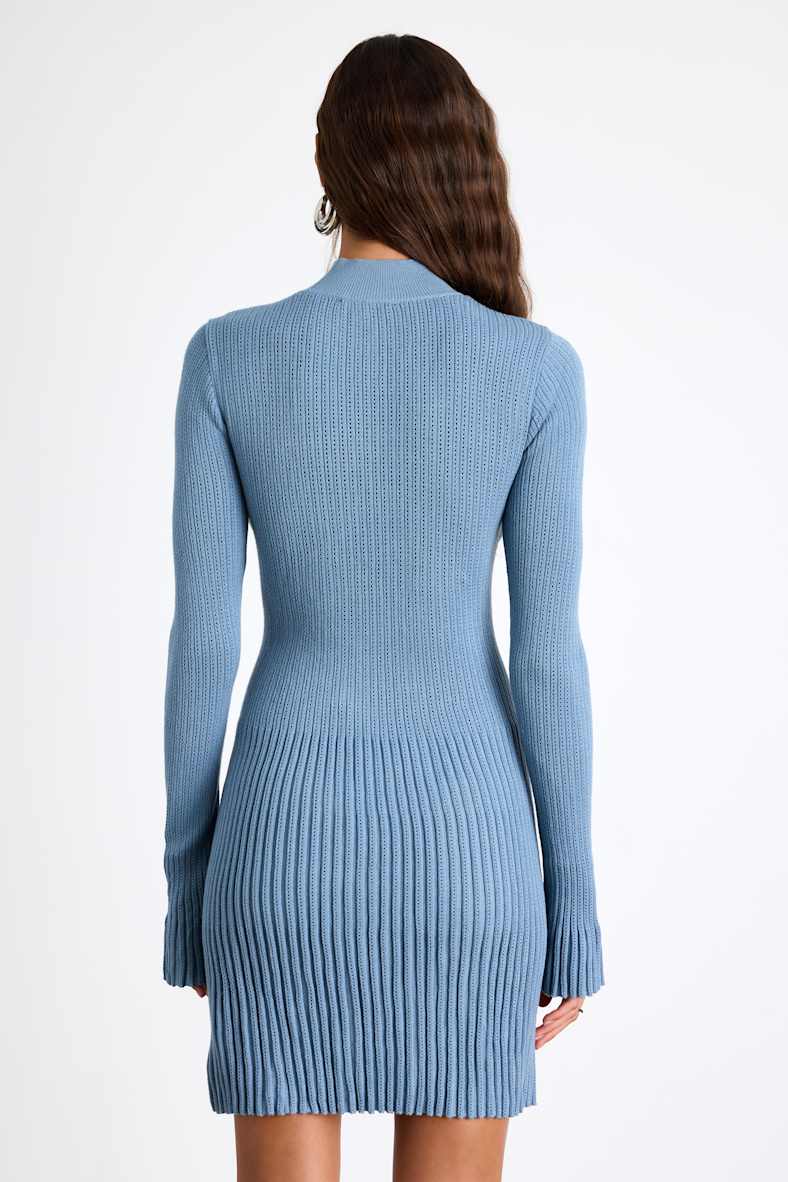 Adiva Slate Blue Ribbed Mock Neck Sweater Mini Dress