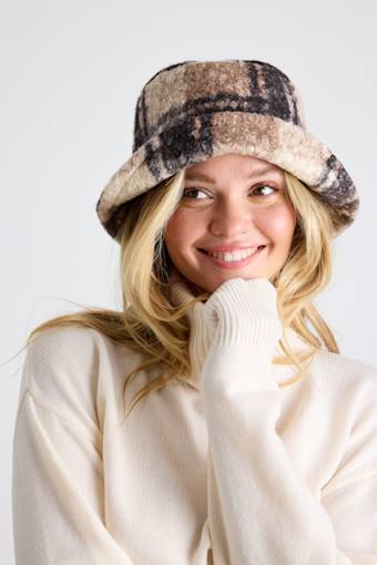 Harten Brown and Black Plaid Teddy Bucket Hat 1