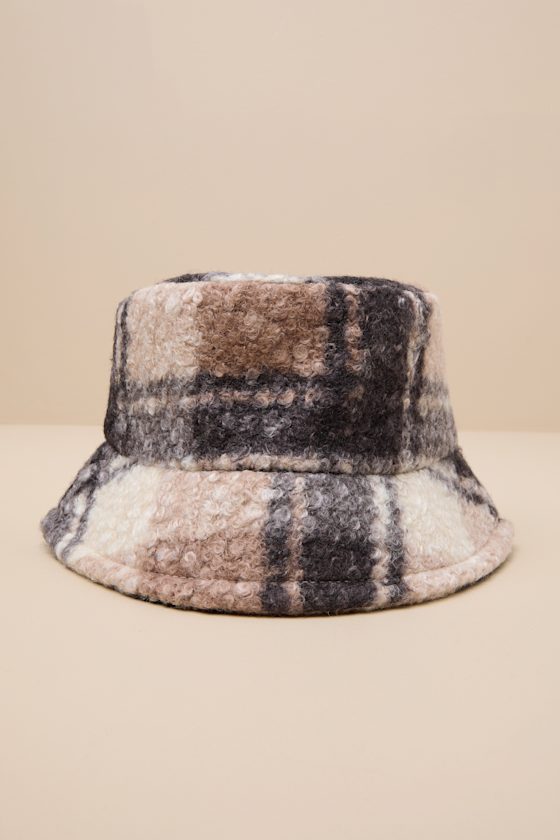 Harten Brown and Black Plaid Teddy Bucket Hat 1