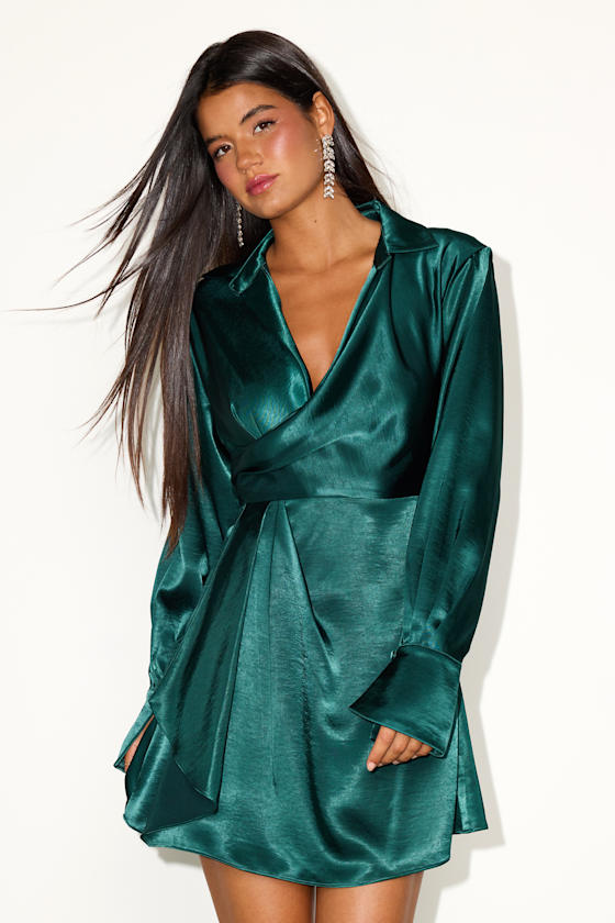 Rumaria Emerald Satin Faux-Wrap Mini Dress 2
