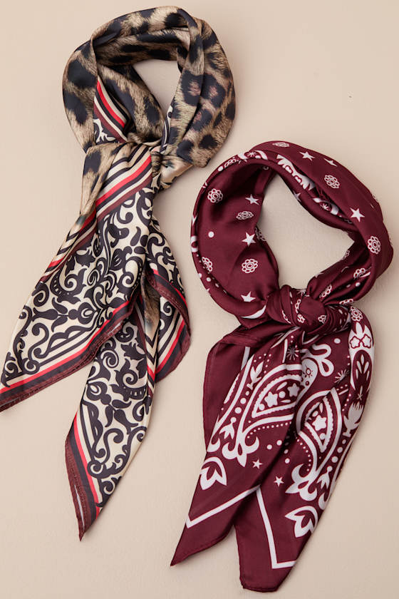 Ozzy Burgundy and Tan Multi Print Satin Scarf Set 1